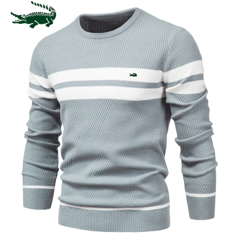 Новинка 2023, высококачественный мужской зимний полосатый свитер для мальчиков, плотные теплые пуловеры, мужские Базовые повседневные облегающие удобные свитера с круглым вырезом