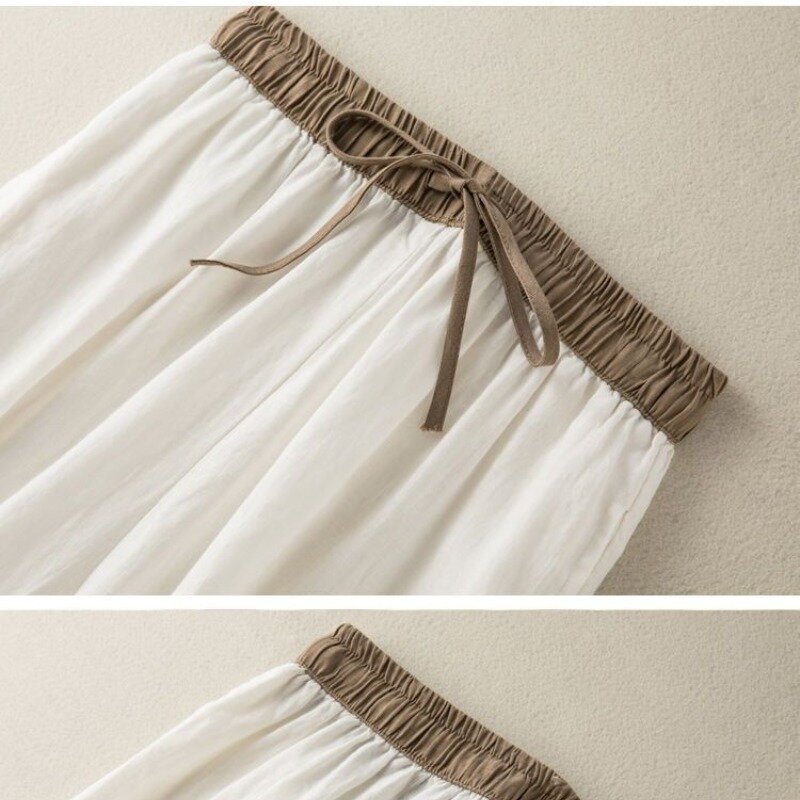 Odzież damska 2024 nowe letnie Retro kolor ze ściągającym sznurkiem elastyczne kieszenie z wysokim stanem bawełniane lniane spodnie haremowe