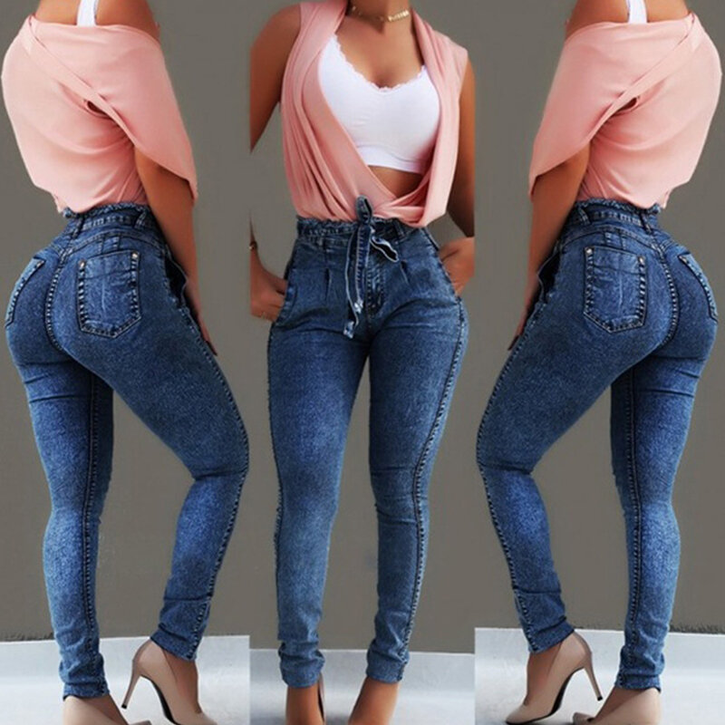 بنطلون جينز ضيق عالي الخصر للنساء مع جيوب بسحاب ، أحادي اللون ، نحيف ، بنطلون جينز مرن ، ملابس شارع كبيرة الحجم ، ملابس عصرية