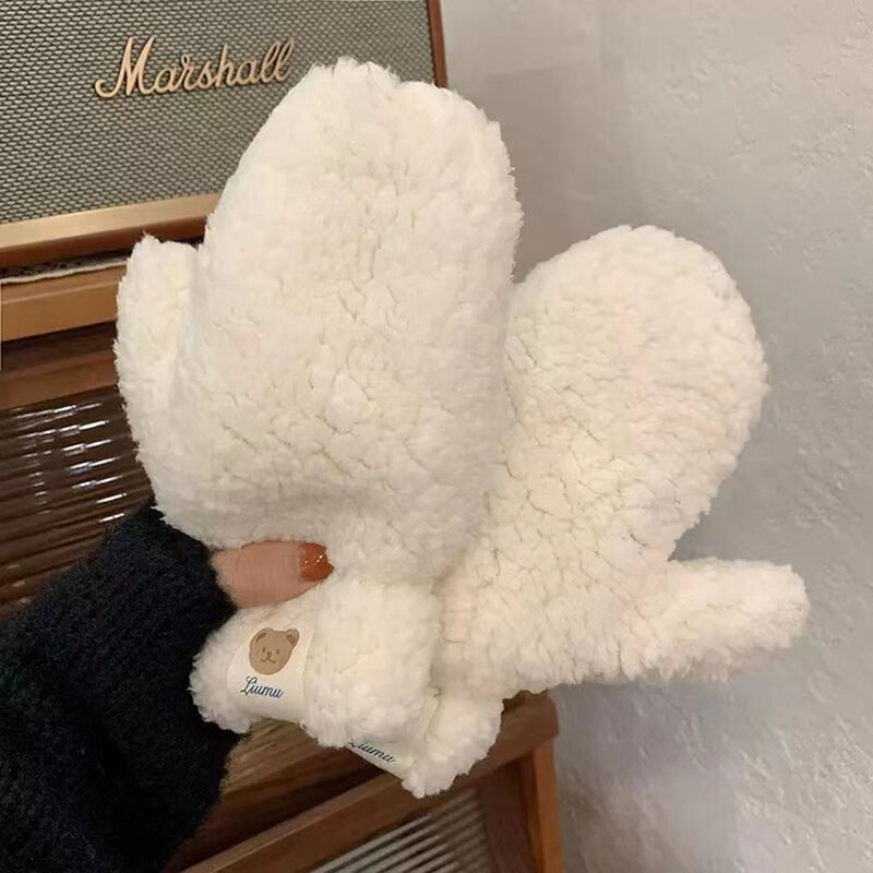 Cute Bear Soft Plush Gloves Anime Women Winter Warm Thicken Fingerless Mittens Outdoor Warmer Hand Guards Girls Christmas Gifts