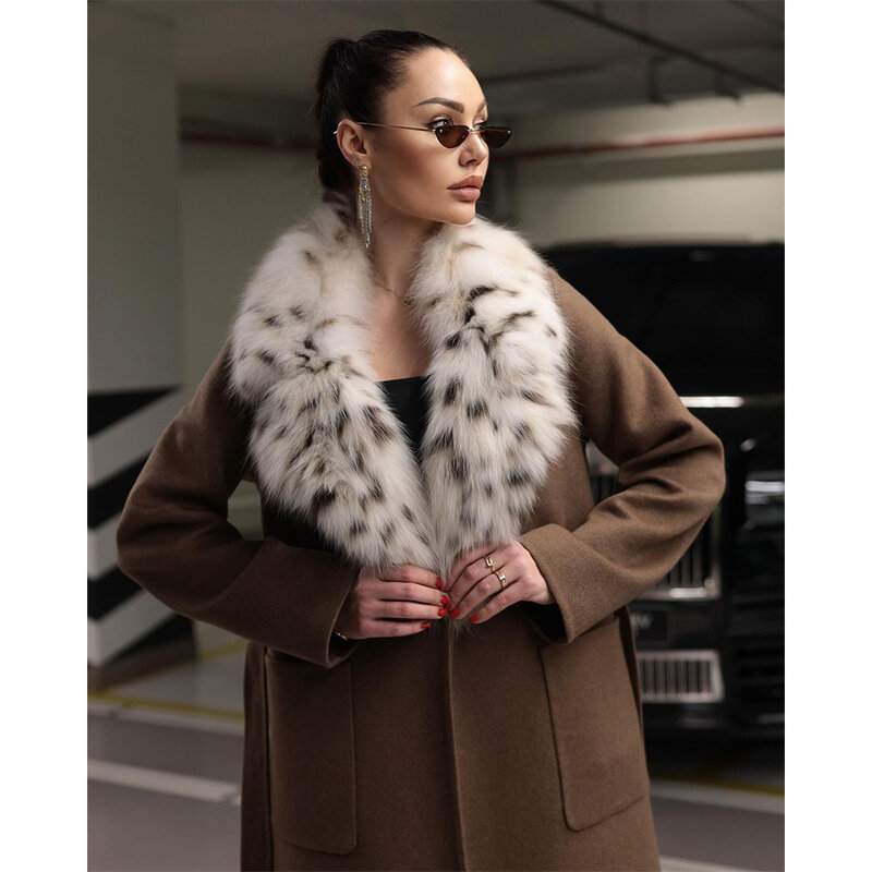 Женское зимнее шерстяное пальто, роскошная куртка с воротником из 2024 натурального Лисьего меха