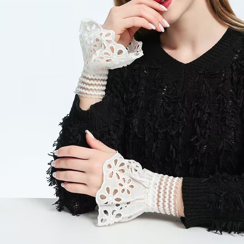 2023 DIY White Black Detachable Cuffs Cuff Extension Embroidery Lace Daisy Fake Sleeves Elastic Wristband Decorative Accessory