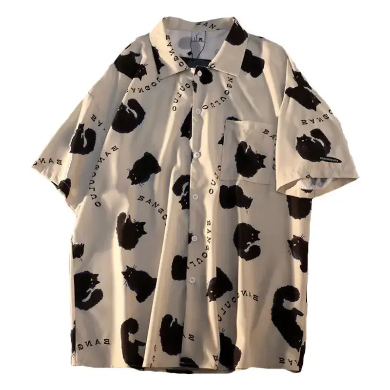 女性用半袖サマーブラウス,猫の落書きシャツ,ストリートスタイルのショートトップ,韓国のサマーシャツ,2023