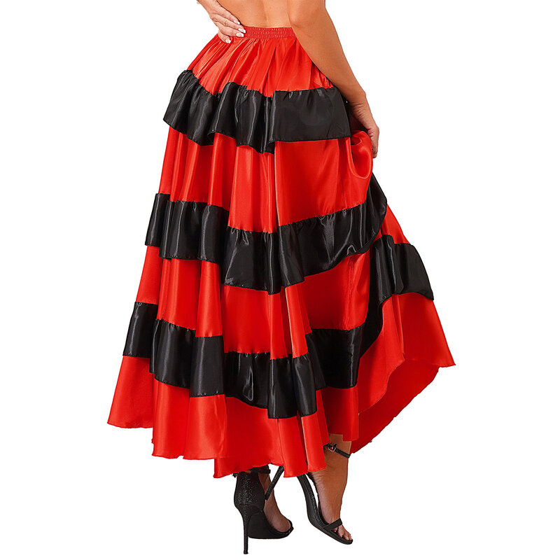 Women Spanish Paso Doble Stage Performance Skirt Ballroom Flamenco Latin Dance Tango Dancewear Tiered Ruffle Wide Hemline Skirts