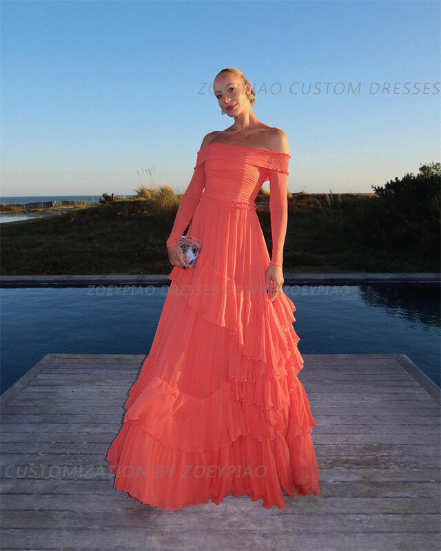 Pink Long Sleeves Chiffon Women Evening Dresses Pleated Tiered Floor Length Formal Prom Dress A Line Elegant Party Gowns