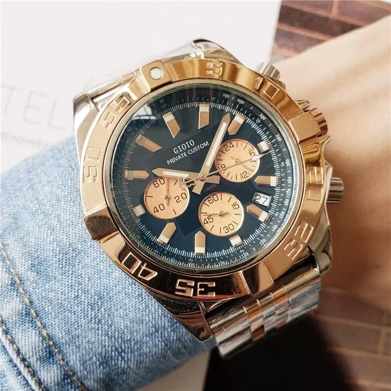 Luxe Nieuwe Heren Quartz Chronograaf Horloge Rvs Armband Rose Goud Zwart Blauw Leer Sport Saffier Glas