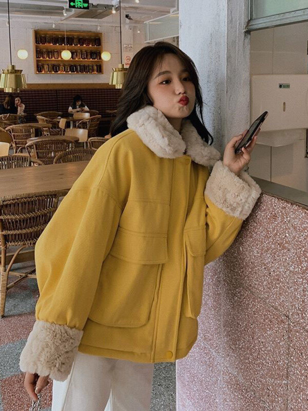 Желтая хлопковая одежда, женское синее осенне-зимнее пальто из овечьей шерсти, плюшевое утолщенное теплое женское корейское Свободное пальто, парка, зима 2023