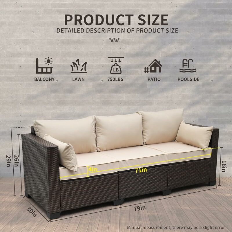 Patio Couch PE Wicker 3-Seat Outdoor Brown Rattan Sofa Deep Seating Furniture with Non-Slip Cushion