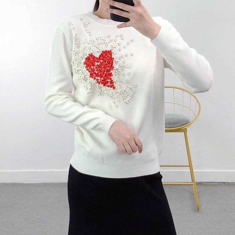 A Fall Winter Women's Christmas Pullover Fashion Casual Three-Dimensional Flower Love Ladies Round Neck Sweater Top