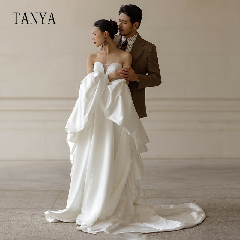 Elegante Querida cetim vestido de casamento com manga destacável, Capa, Lace Up Back, A Line, Sweep Train, vestido de noiva simples, TSWD205