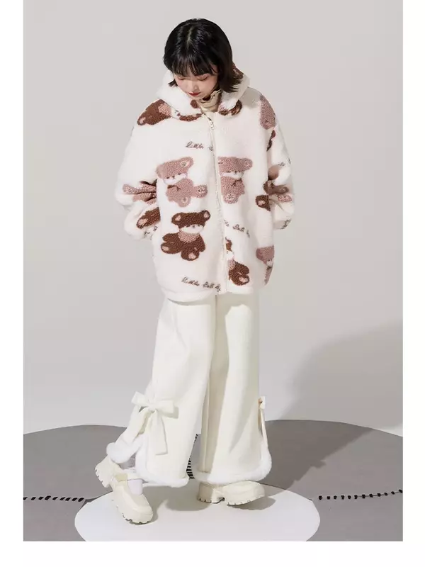 일본 카와이 캐주얼 로리타 바지, 한국 스타일 따뜻한 봉제 바지, 여성 루즈핏 귀여운 활 와이드 레그 팬츠, 겨울 2023