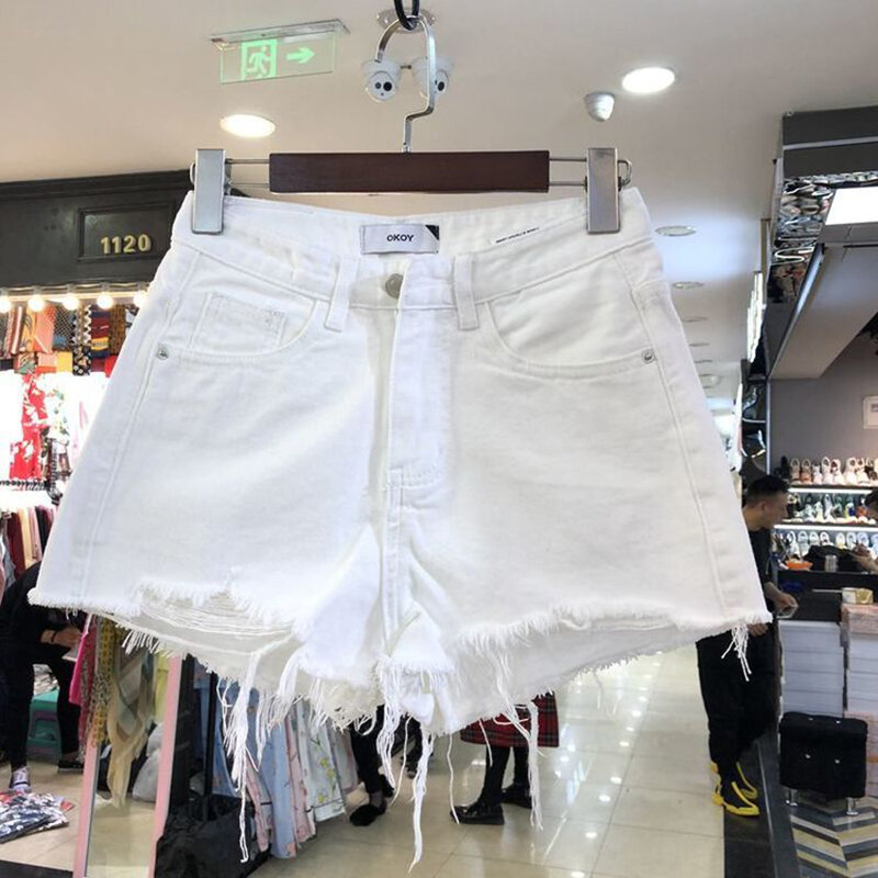Koreańskie jeansowe szorty nieobszyte brzegi z wysokim stanem 2024 letnie podstawowe kieszeń na guzik szorty dżinsowe dla wszystkich zapałek Streetwear krótkie