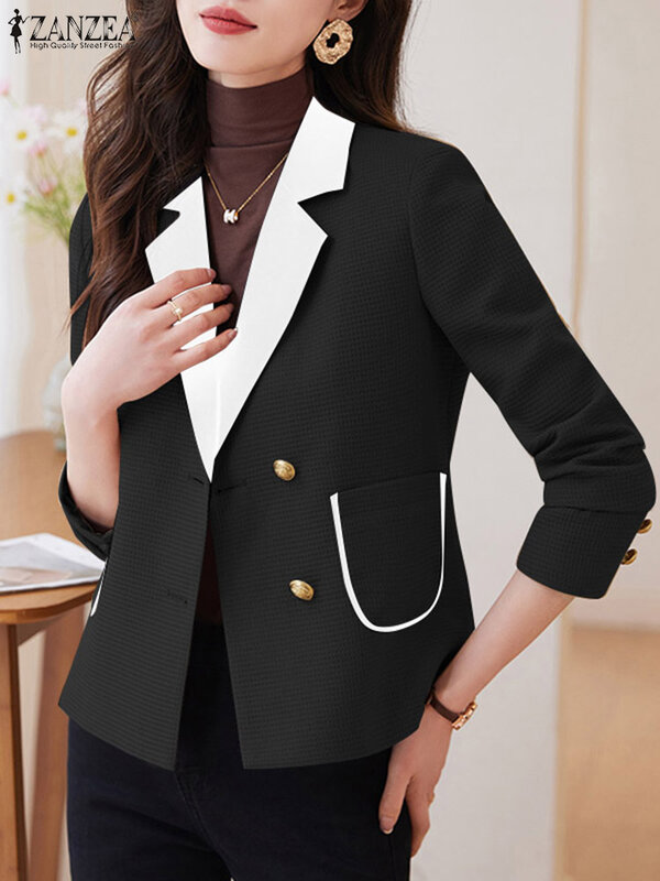 ZANZEA Elegant Women Patchwork Jackets Casual Lapel Neck Long Sleeve Coats Female OL Work Blazer Spring Fashion Office Outwear