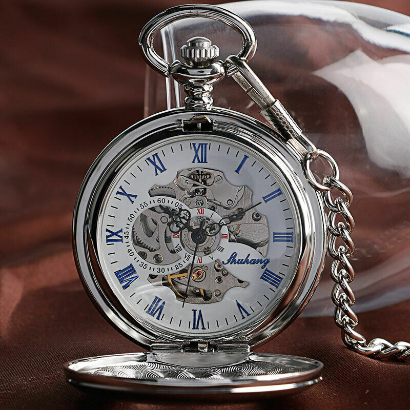 Vintage-Stil Hohl gehäuse Automatik werk mechanische Taschenuhr Kette Geschenk Skelett glattes Gehäuse Silber Fob Uhr