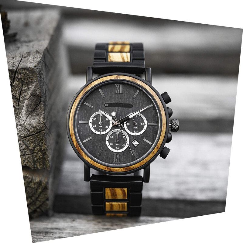 Relógio de pulso de madeira masculino com caixa de oferta, quartzo analógico, casual, elegante, novo