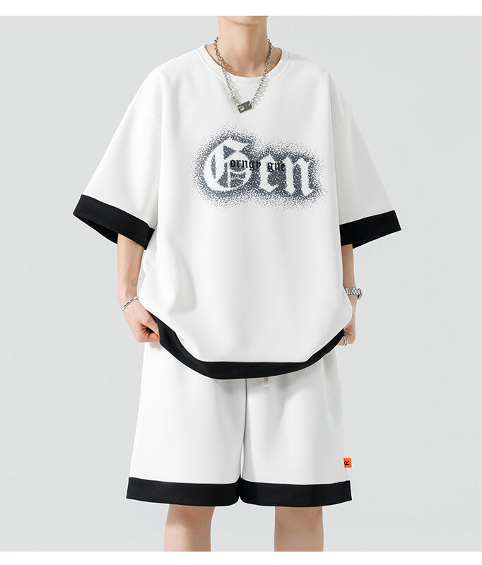 Summer New Men's Two Piece Set Casual Letter T-Shirt and Shorts Sets Men Sports Suit Korean Fashion Short Sleeve Tracksuit Men