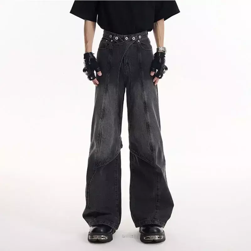 Denim dicuci niche Retro jeans berkobar mikro dengan desain tambal sulam pria dan wanita, celana kaki lebar tren longgar Dan dipersonalisasi