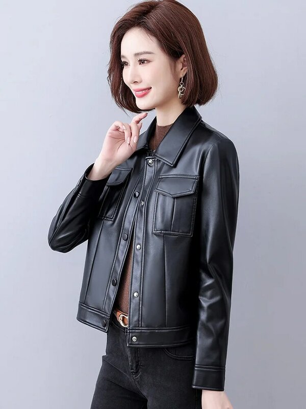 新しい 女性 モトバイカー レザージャケット 春 秋 ファッション ターンダウンカラー シングルブレスト スプリットレザー カジュアルショートコート