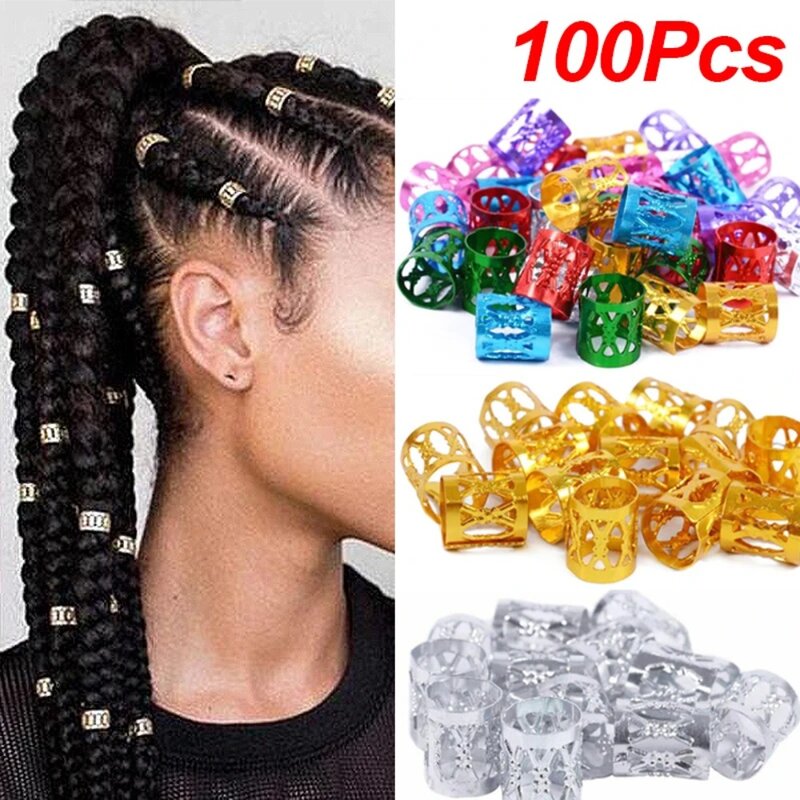 100pcs Gold Silver Dreadlock Hair Rings Adjustable Cuff Clip Hair Braids Dirty Braids Bead Hairpin Girl Hair Accessorie Headwear