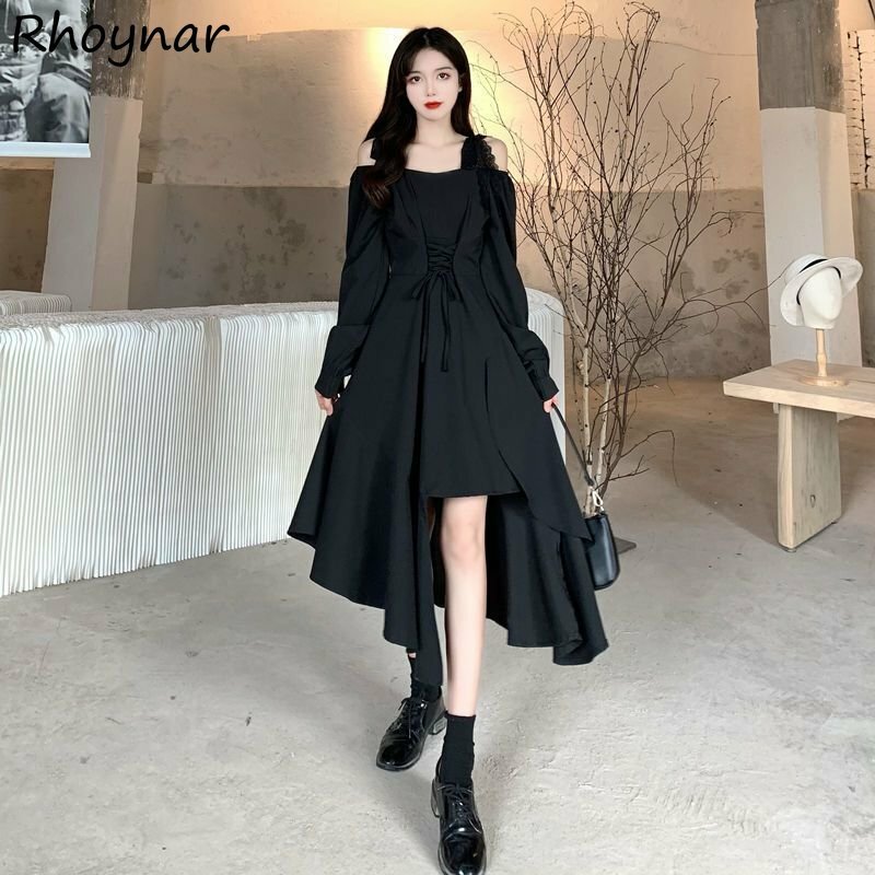 Vestidos Retro negros para mujer, túnica informal Irregular que combina con todo, estilo francés, otoño
