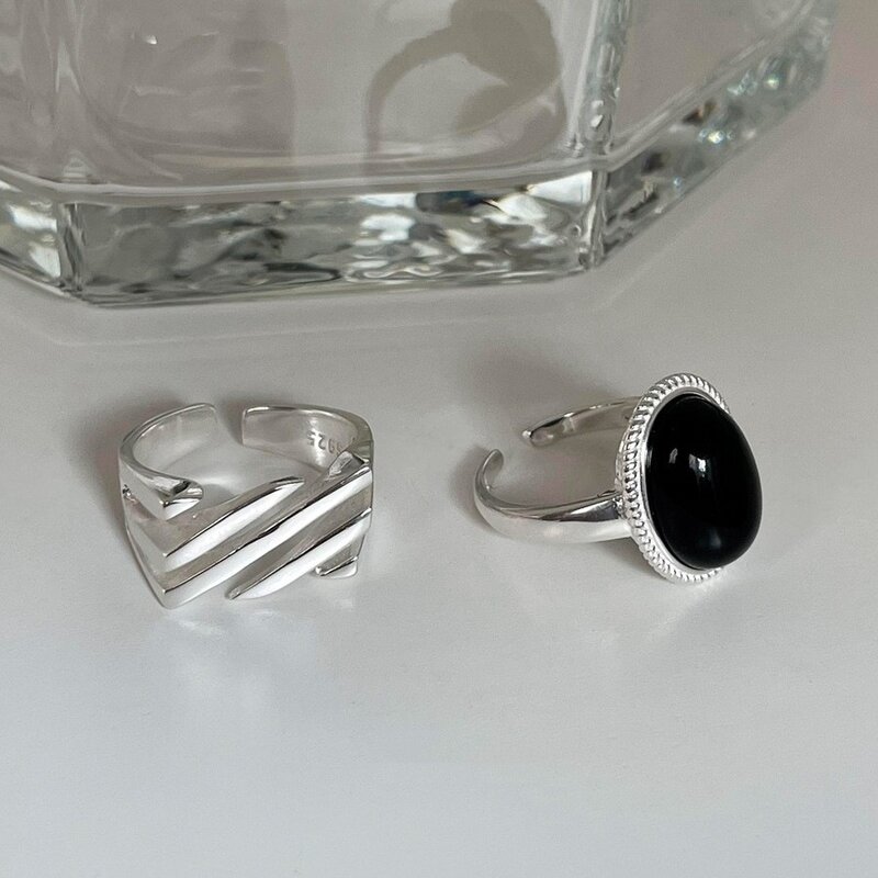 PANJBJ 925 Sterling Silver Geometric Black Stone Rings for Women Girl Korean Simple Adjustable Couple Jewelry Dropshipping