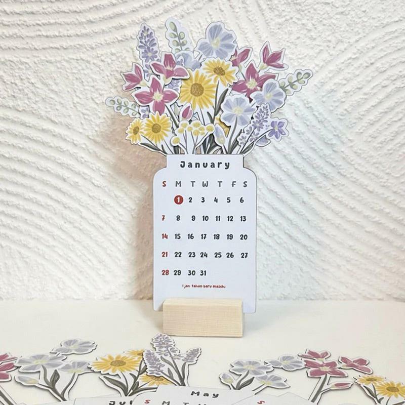 Calendario de escritorio con motivos florales, calendario portátil con Base de madera, planificadores de año para mesa de comedor y mesita de noche, 2024, 2024