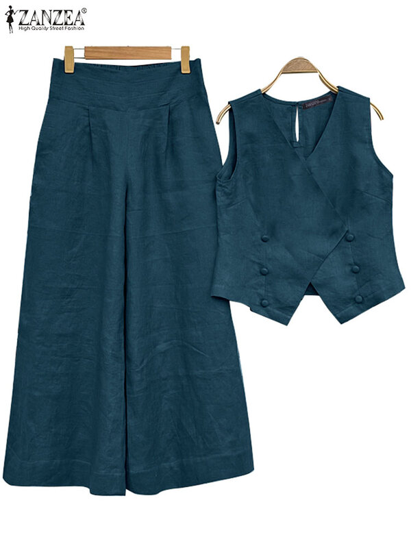 ZANZEA-Conjunto de dos piezas para mujer, traje informal holgado de color liso, chaleco sin mangas de oficina, pantalones largos de pierna ancha, 2024