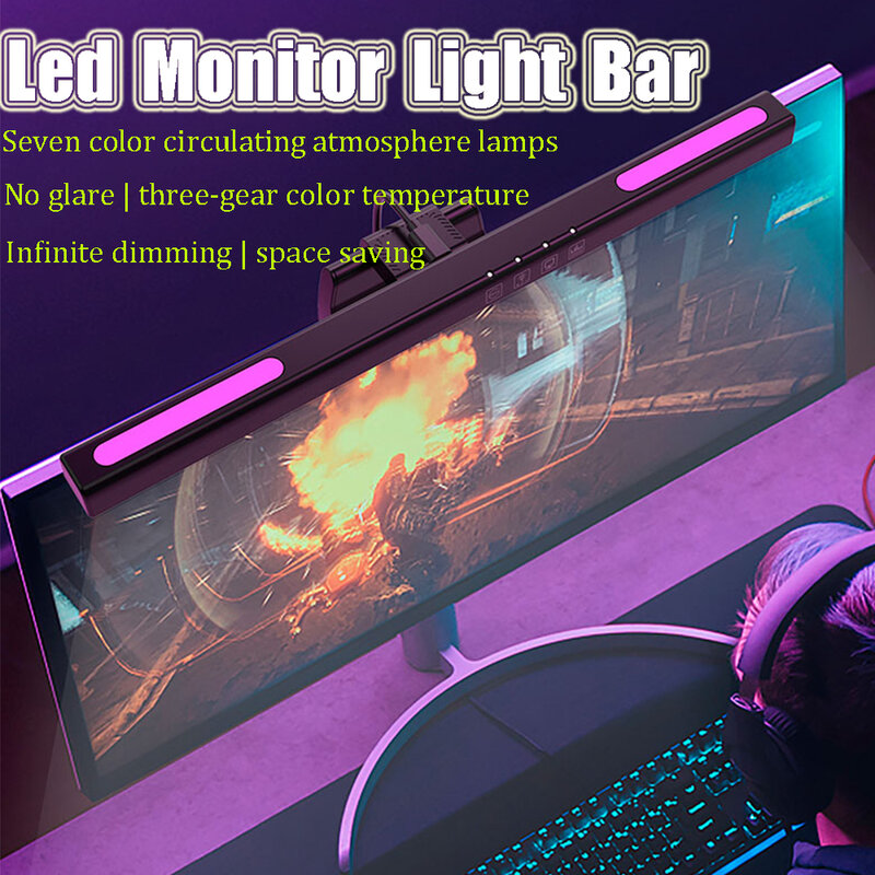 Temperatura de cor ajustável levou computador luz bar, escurecimento infinito, 7 cores, circulando lâmpadas atmosfera
