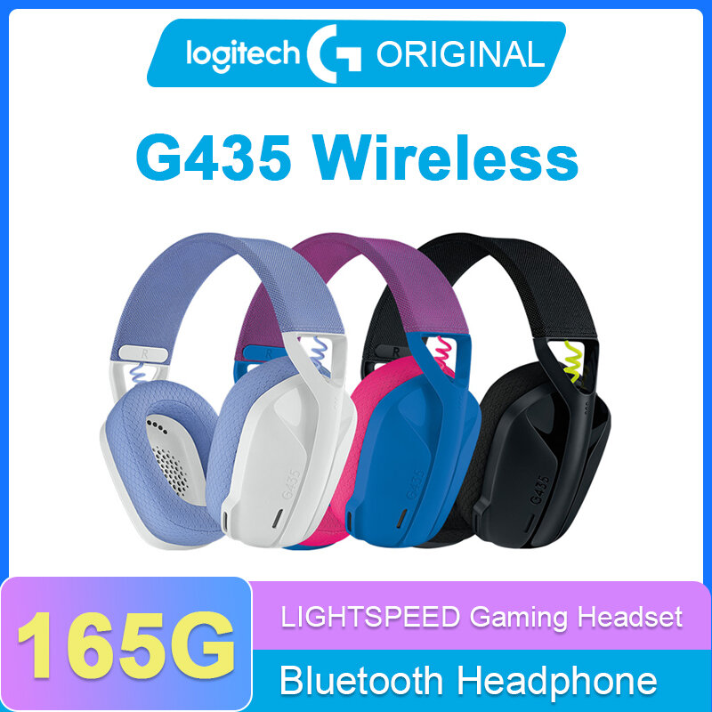 Logitech G435 Headphone Gaming nirkabel, Headphone Gaming ringan 165g mikrofon bawaan, Headset Gamer Bluetooth baterai 18 jam untuk PC/PS