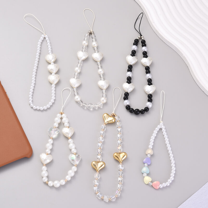 JOWomen-Lanière de téléphone portable perlée en forme de cœur rond pour filles, perle acrylique, bijoux anti-perte, téléphone portable, mode
