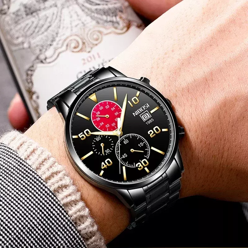 Zegarki męskie NIBOSI analogowe kwarcowy z chronografem 30M wodoodporne świecące Big Face męskie zegarki sportowe moda męska zegarki na rękę