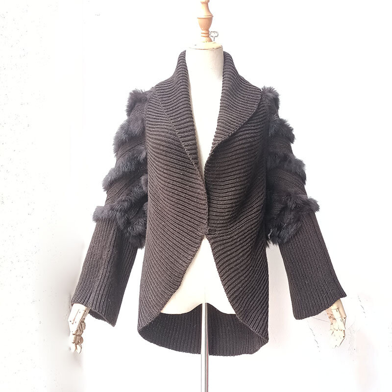 Женская Осенняя вязаная куртка из натурального кроличьего меха с длинным рукавом, повседневное Свободное пальто из натурального меха, верхняя одежда, женские кардиганы