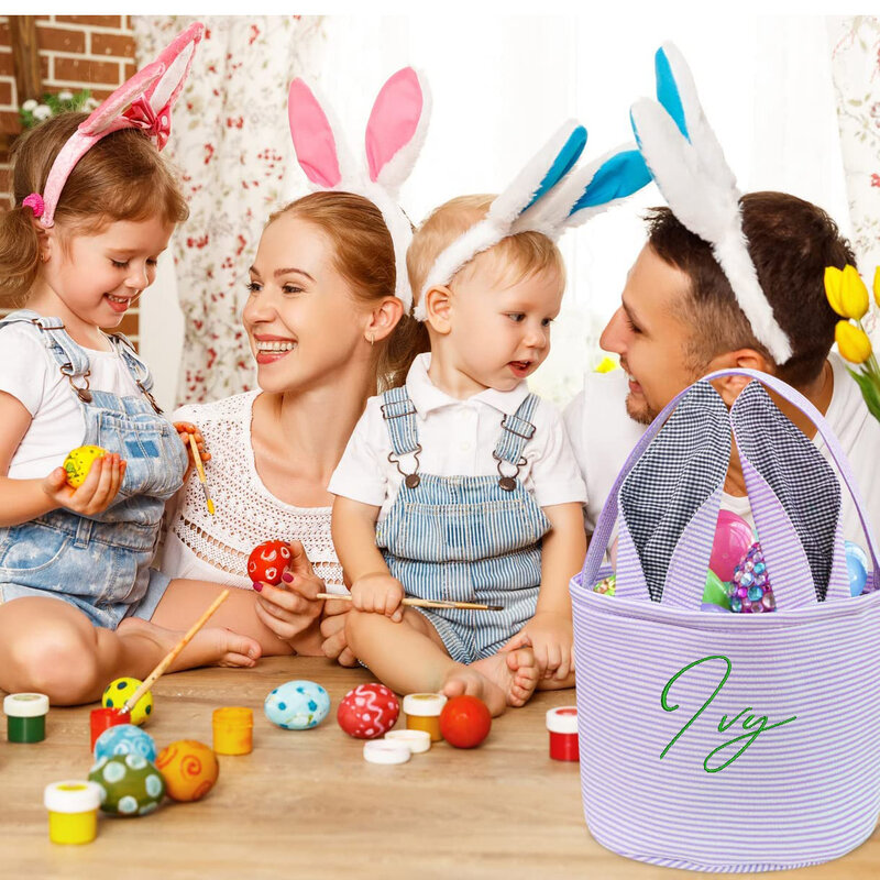 Cestas de pascua bordadas personalizadas para niños, bolsas de orejas de conejo de pascua con lindas orejas de conejo, almacenamiento a rayas, cubo de conejito de huevo de pascua