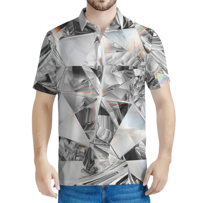 男性のための幾何学的なグラフィックポロシャツ,ファッショナブルなイラスト,3Dプリントラペル,半袖,夏のストリート,ルーズ,ボタンTシャツ