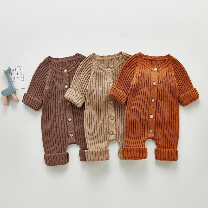 Personalizado sólido tricô algodão manga comprida macacão, roupa de criança, bebês meninos e meninas, macacão recém-nascido, primavera e outono