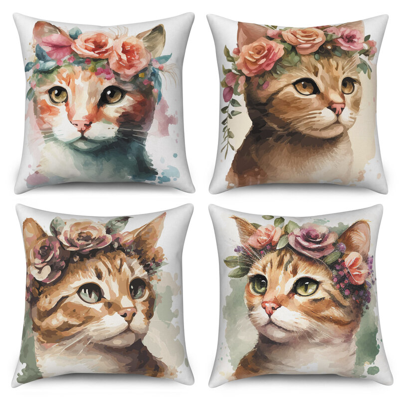 Funda de cojín de lino y poliéster con diseño de gato para decoración del hogar