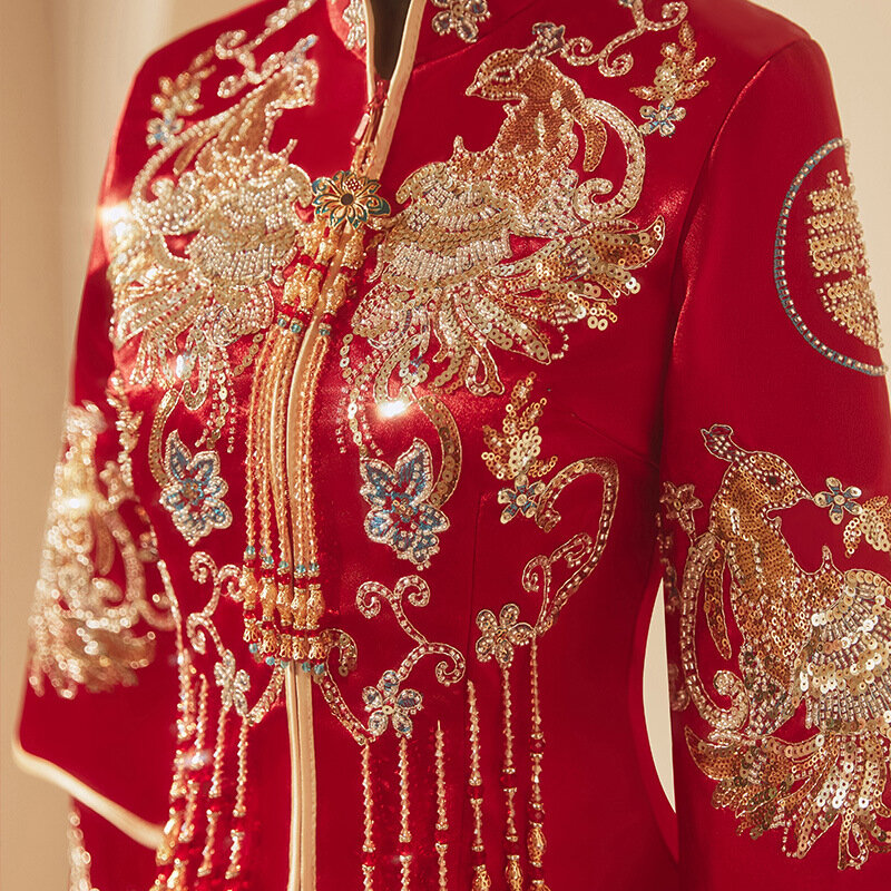 Chińska suknia ślubna Qipao Retro Classic oblubieniec suknia ślubna zestaw haft smok feniks strój Tang odzież Hanfu