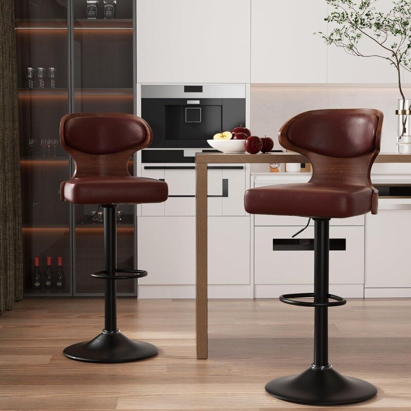 Set bangku Bar 2 kursi tinggi dapat diatur 24.5-33,5 inci bangku putar kayu dengan bagian belakang & sandaran kaki-berlapis kulit PU