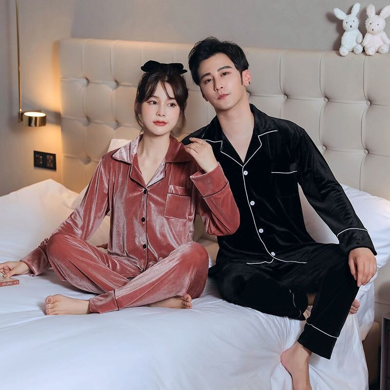 Pijama de veludo dourado para casais, loungewear manga comprida, pijama versão coreana, terno homewear quente para homens e mulheres, novo para outono e inverno, 2022