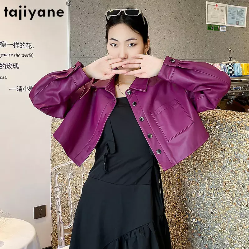 Tajiyane primavera outono genuíno casaco de pele carneiro ultra curto jaquetas de couro de cintura alta casaco roupas femininas veste femme