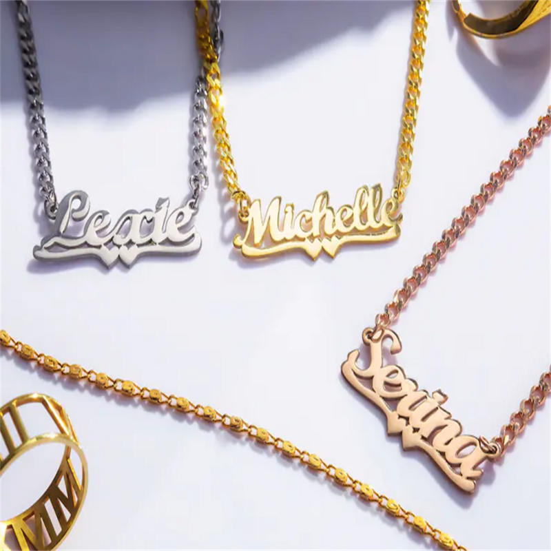 Customized Name Necklace Personalized Heart Necklace Cuban Necklace Girl Customized Stainless Steel Gold Necklace Women's Gift
