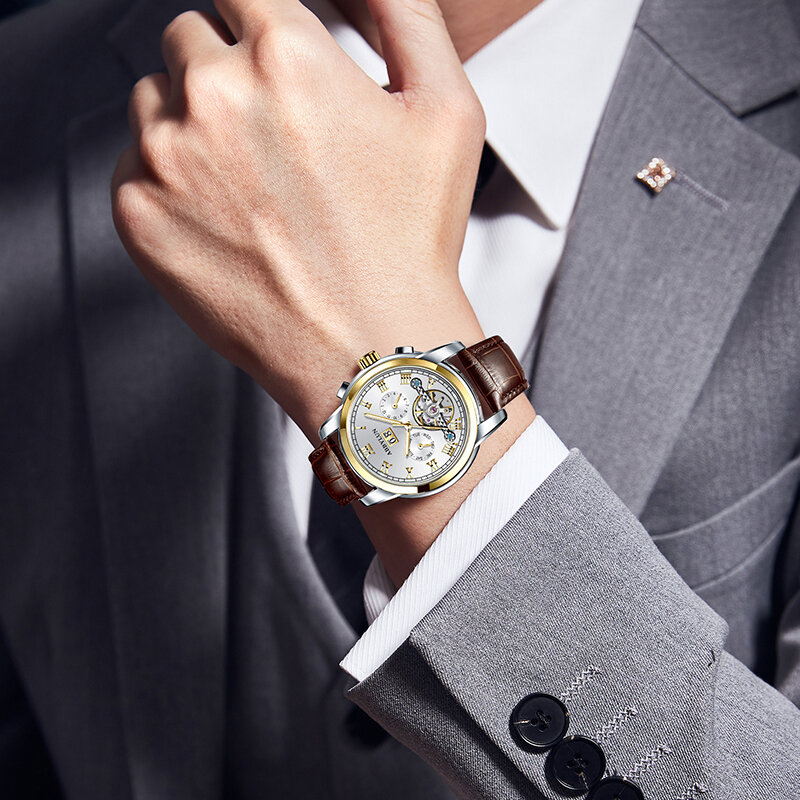 Abbylun 141 Original Men's Watch Business Luxury Skeleton Automatic Mechanical Watch Leather Strap Waterproof Date Wristwatch