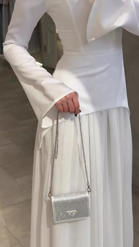 Phantasie elegante weiße lange Abendkleider volle Ärmel geraffte formelle Ballkleider Saudi-Arabisch A-Linie High Collar Ballkleider