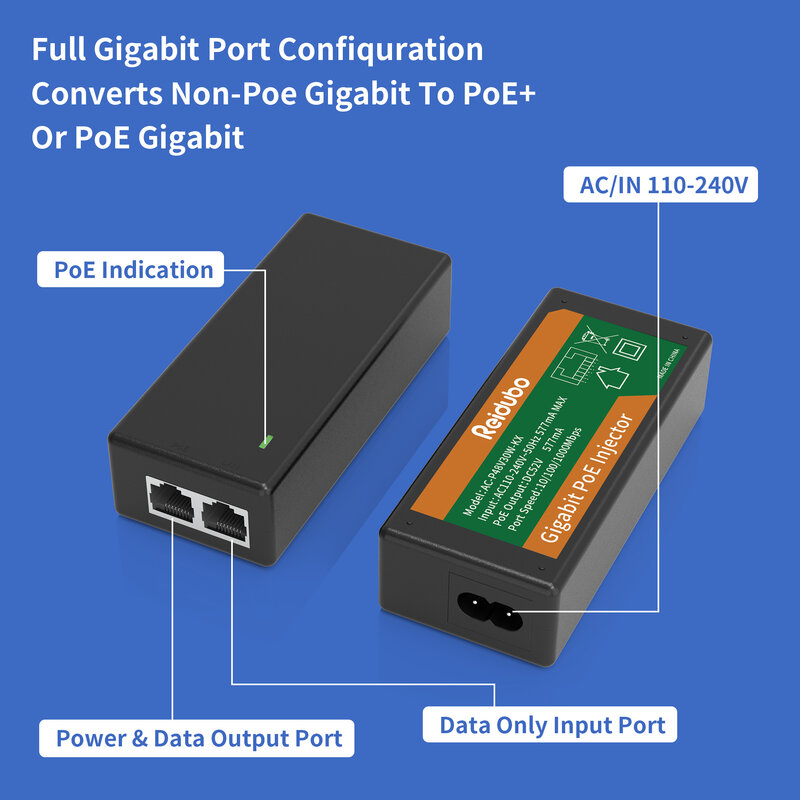 Gigabitowy Adapter wtryskiwacz POE 30W, IEEE 802.3 af/at zgodny, konwertuje Non-PoE do sieci PoE, 10/100/1000 Mb45 RJ45, Plug & Play