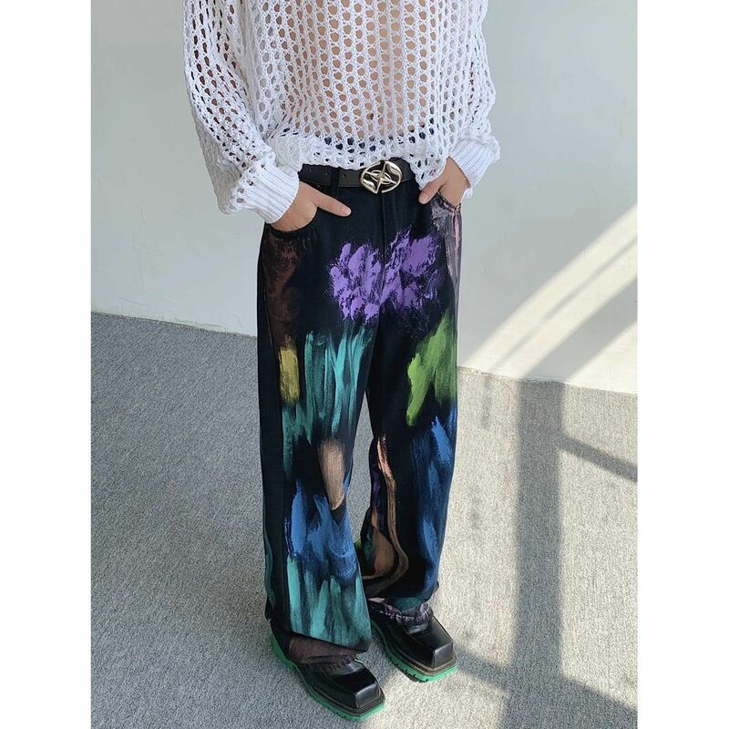 Color-blocking jeans men's hand-painted paint design trousers American style loose straight casual high-street trousers hot sale