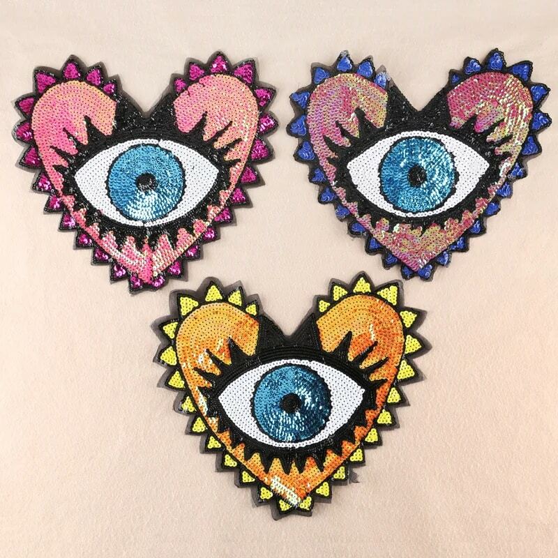 Oversize Lantejoula Bordado Patch, DIY Love Evil Eye Sticker, Emblemas Termoadesivos, Ferro em Patches, Saco De Pano, Acessórios De Tecido