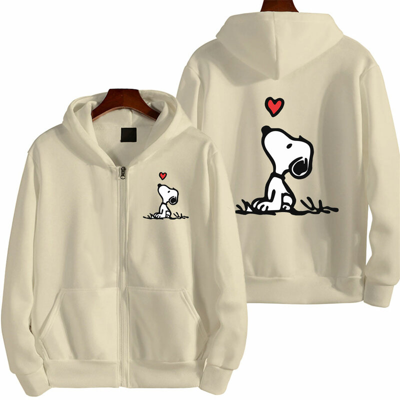 Snoopy jaket Hoodie ritsleting wanita putih sweter pria kasual musim semi musim gugur 2024 mantel baju ukuran besar pasangan Anime kartun