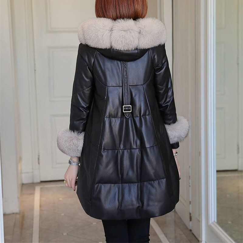 Jaket kulit PU wanita musim gugur musim dingin, mantel bulu palsu kerah bulu, mantel kulit panjang, pakaian luar wanita 4XL, baru, 2023
