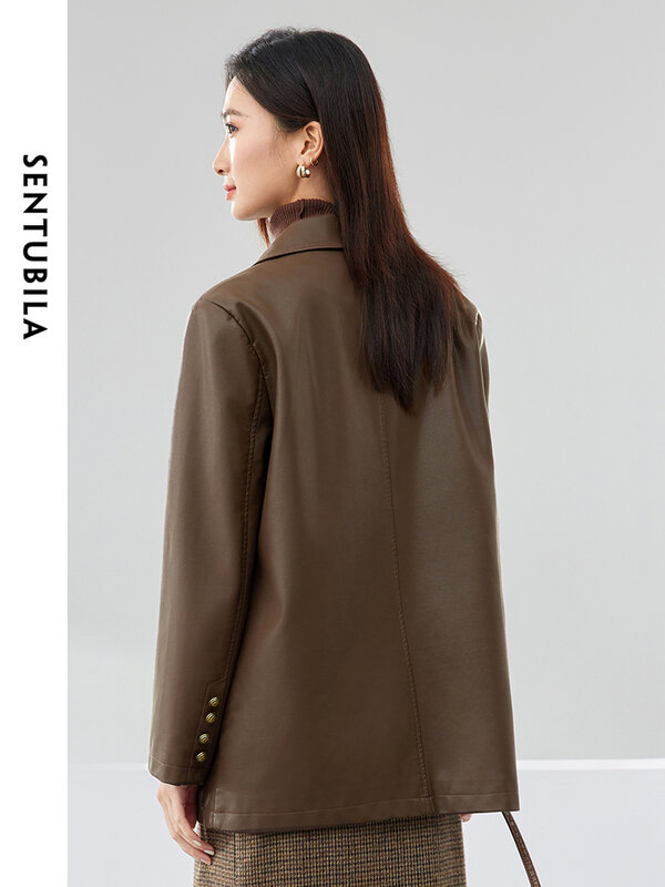 Sentubila moda Retro Pu płaszcz skórzany 2024 wiosenna prosta klapa z dużymi kieszeniami jednorzędowa kurtka Bomber W41G52633