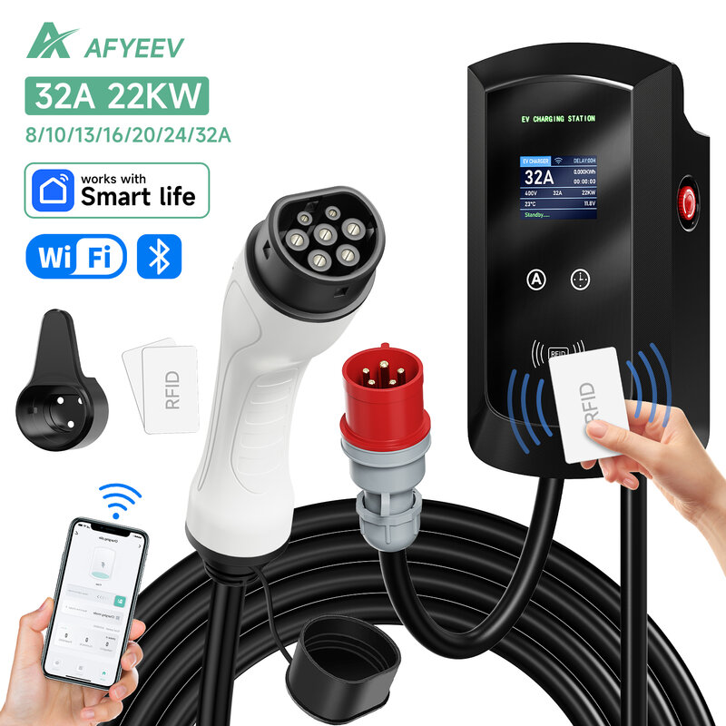 AFYEEV 32A EV Charging Station 22KW 3Phase Electric Vehicle Car Charger 11KW Type2 IEC62196-2 EVSE Wallbox APP Control 5m Cable
